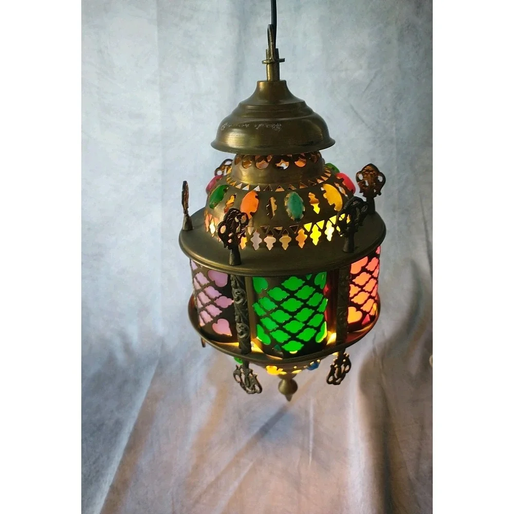 Vintage Moroccan Hanging Lamp Boho Swag Light Pierced Metal Color Glass